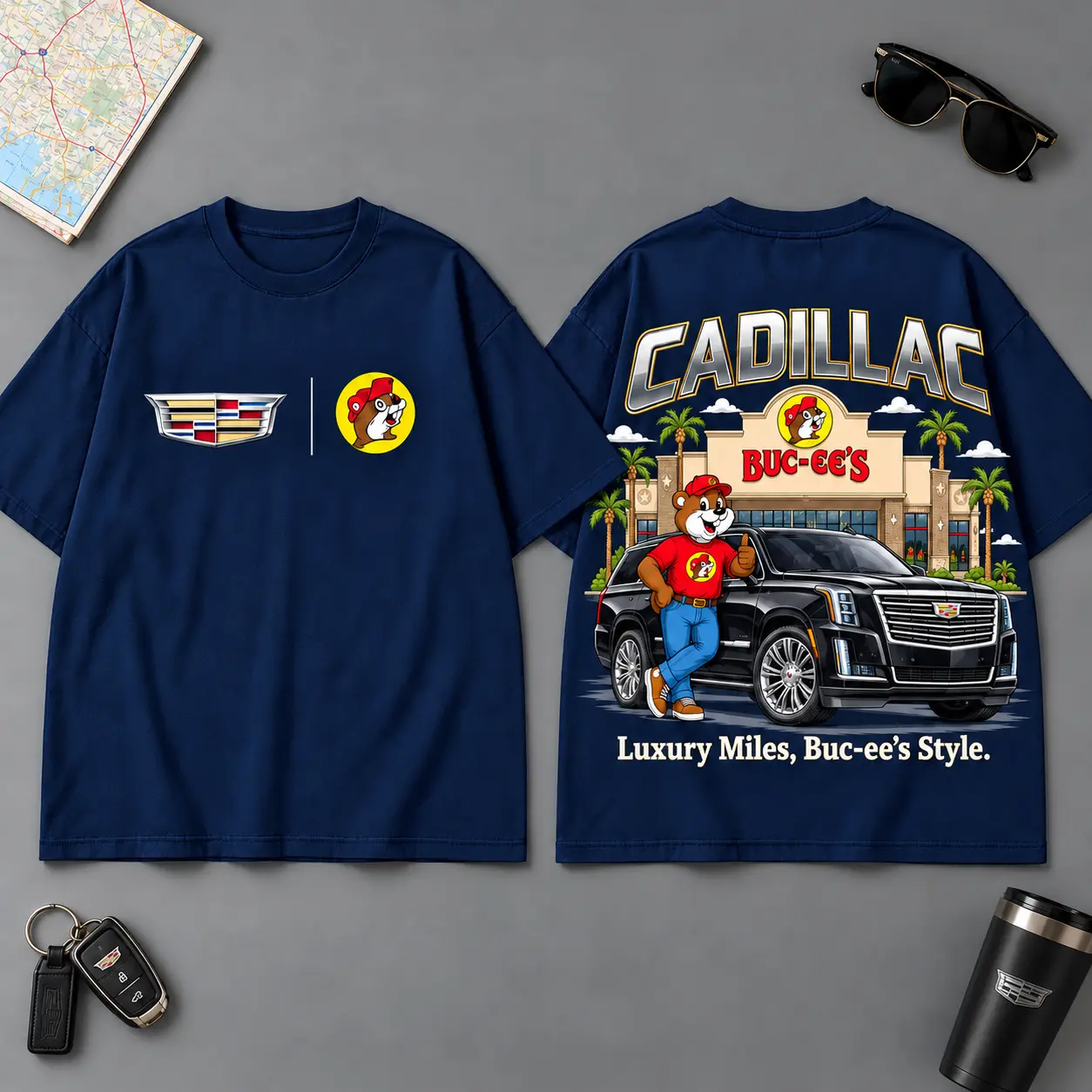 Buc-ee's Cadillac Luxury Mile Road Trip 3D T-Shirt For Classic Car Fans NDN Navy