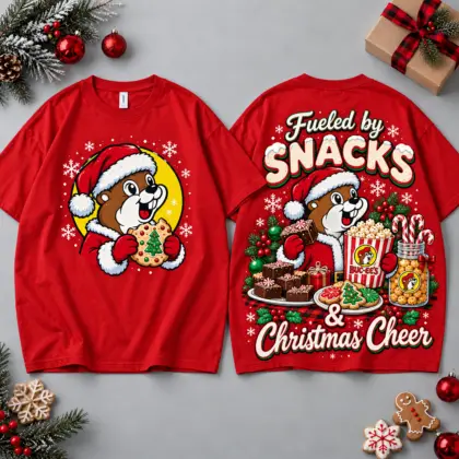 Buc-ee's Fueled By Snacks And Christmas Cheer Design All Over Print T-Shirt For Festive Holiday Road Trips NDN Red