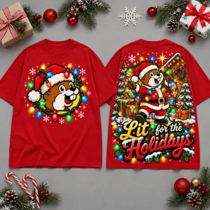 Buc-ee's Lit For The Holidays Christmas Tree Lights All Over Print T-Shirt For Festive Holiday Road Trips NDN Red