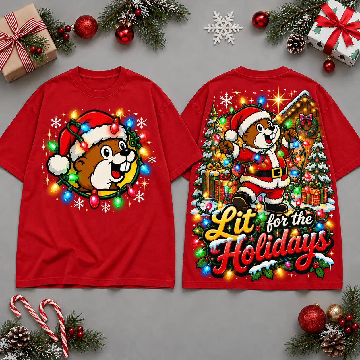 Buc-ee's Lit For The Holidays Christmas Tree Lights All Over Print T-Shirt For Festive Holiday Road Trips NDN Red