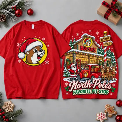 Buc-ee's North Pole's Favorite Pit Stop Store Scene All Over Print T-Shirt For Festive Holiday Road Trips NDN Red