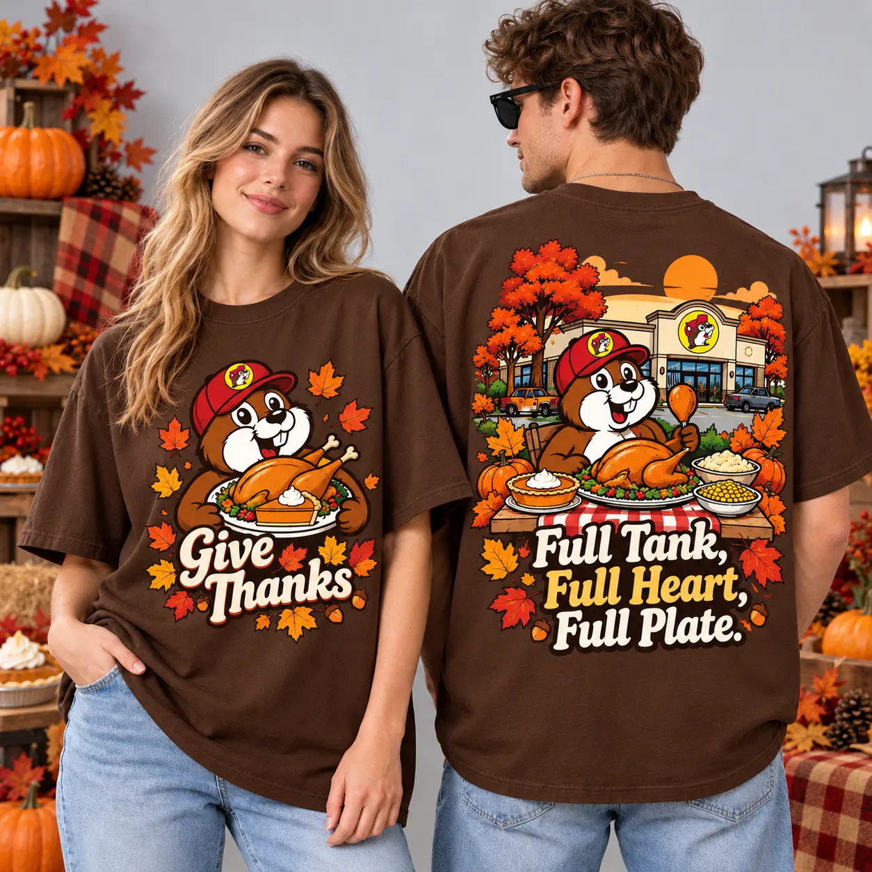 Buc-ee's Thanksgiving Full Tank Full Heart Full Plate T-Shirt For Grateful Autumn Gatherings NDN worn