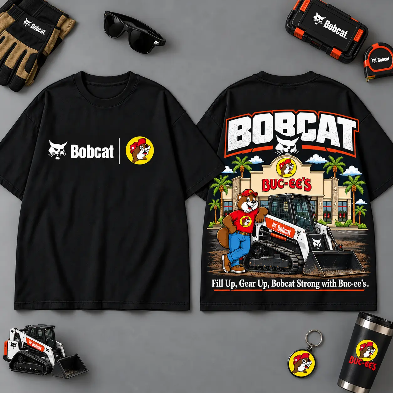Buc-ee's BOBCAT Construction Collage 3D T-Shirt For Heavy Equipment Road Trip Collectors NDN Black