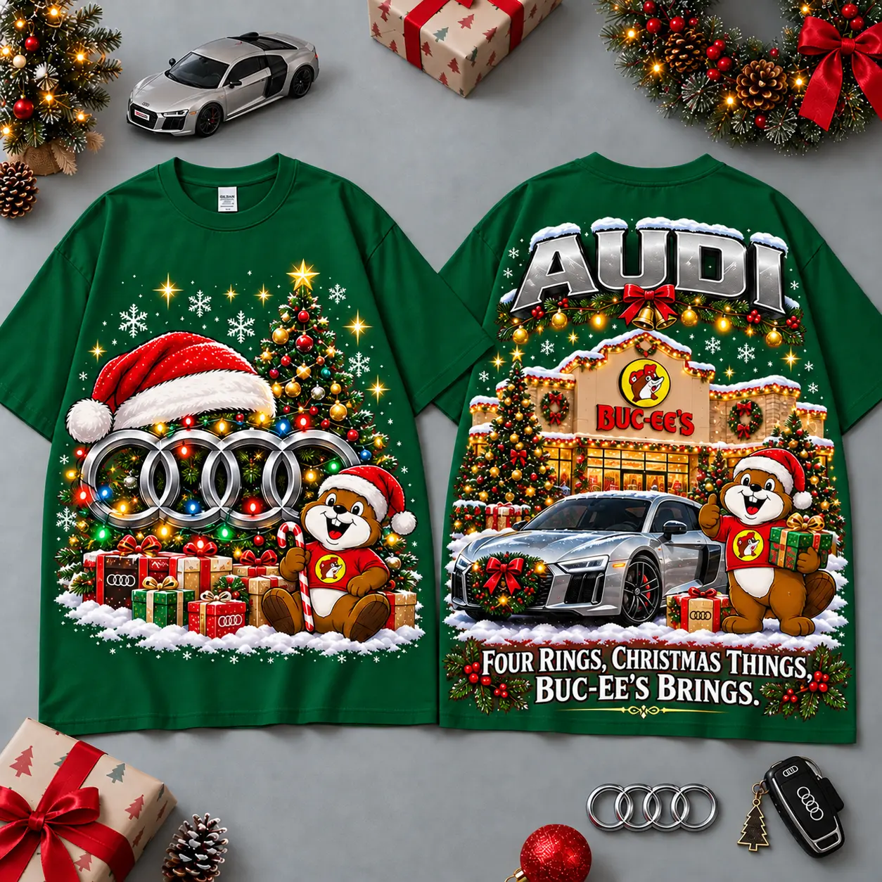 Buc-ee's Audi Christmas Cabin Car Print T-Shirt For Festive Winter Road Trips NDN Green