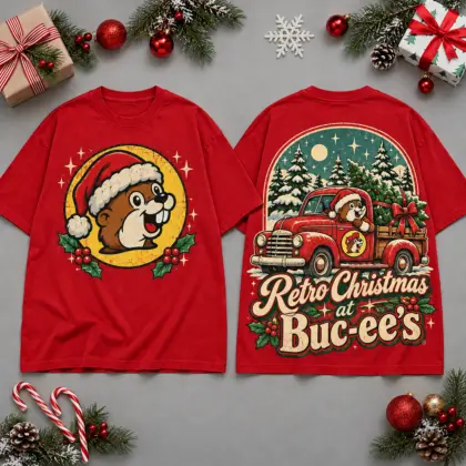 Buc-ee's Retro Christmas Ornament Snow Scene All Over Print T-Shirt For Festive Holiday Road Trips NDN Red