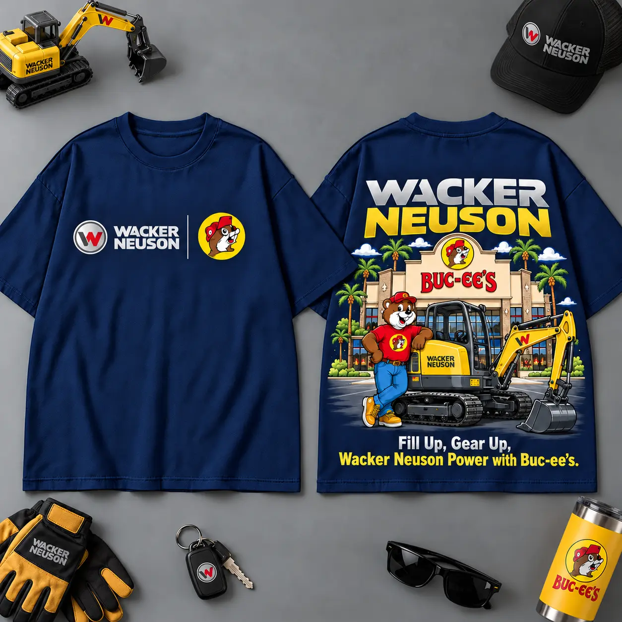 Buc-ee's WACKER NEUSON Construction Collage 3D T-Shirt For Heavy Equipment Road Trip Collectors NDN Navy