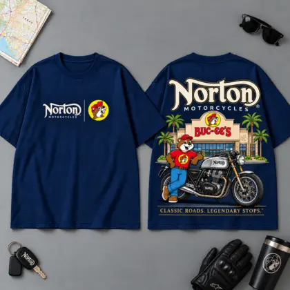 Buc-ee's Norton Classic Roads Legendary Stops 3D T-Shirt For Motorcycle Adventure Riders NDN Navy