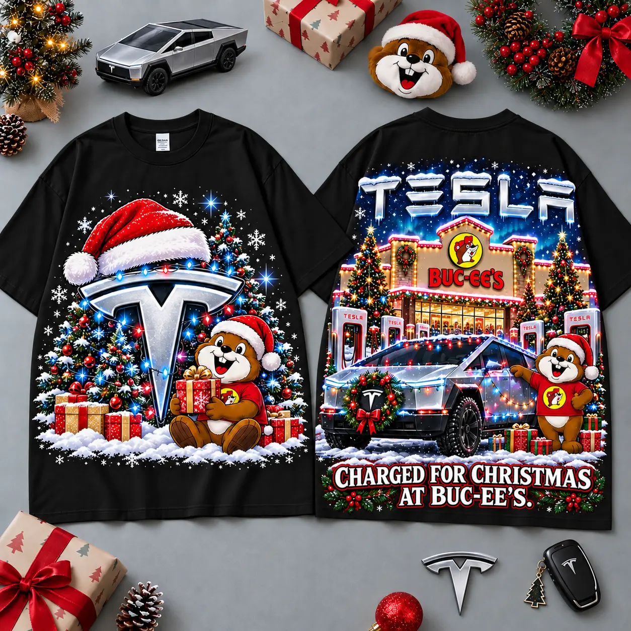 Buc-ee's Tesla Christmas Cabin Car Print T-Shirt For Festive Winter Road Trips NDN Black