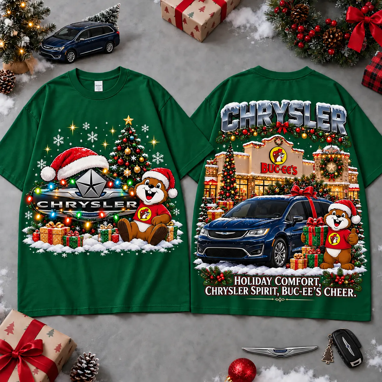 Buc-ee's Chrysler Christmas Cabin Car Print T-Shirt For Festive Winter Road Trips NDN Green