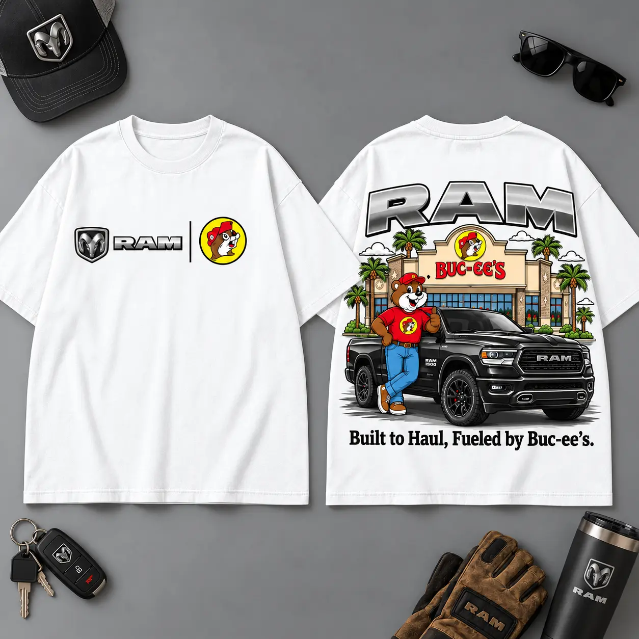 Buc-ee's RAM Built To Haul Road Trip 3D T-Shirt For Truck Fans NDN White