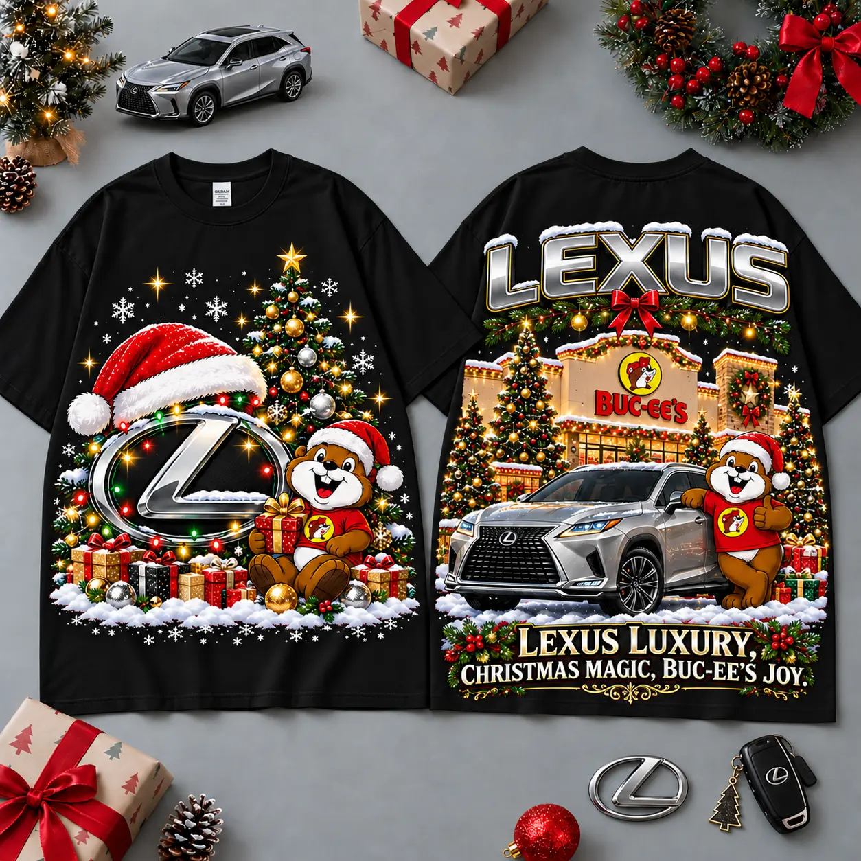 Buc-ee's Lexus Christmas Cabin Car Print T-Shirt For Festive Winter Road Trips NDN Black