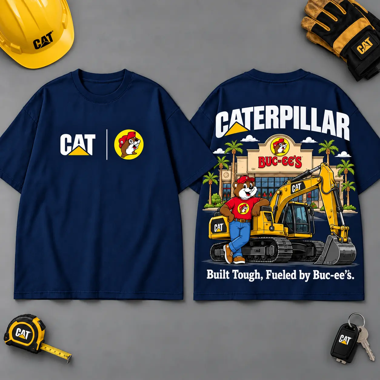 Buc-ee's Caterpillar Built Tough Road Trip 3D T-Shirt For Heavy Equipment Fans NDN Navy