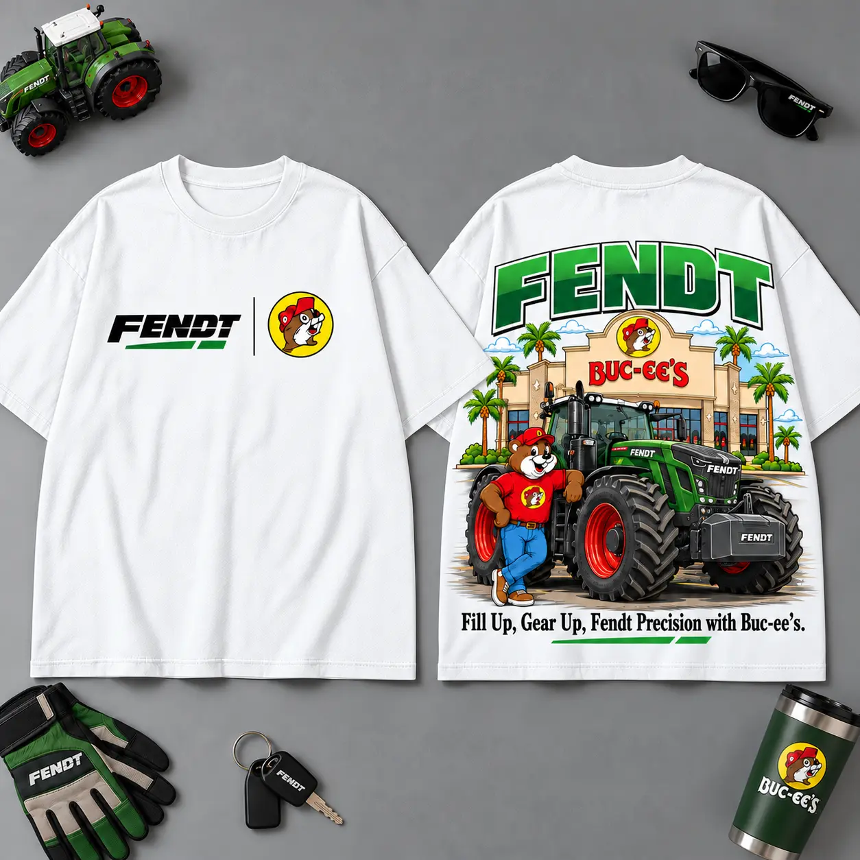 Buc-ee's FENDT Construction Collage 3D T-Shirt For Heavy Equipment Road Trip Collectors NDN White