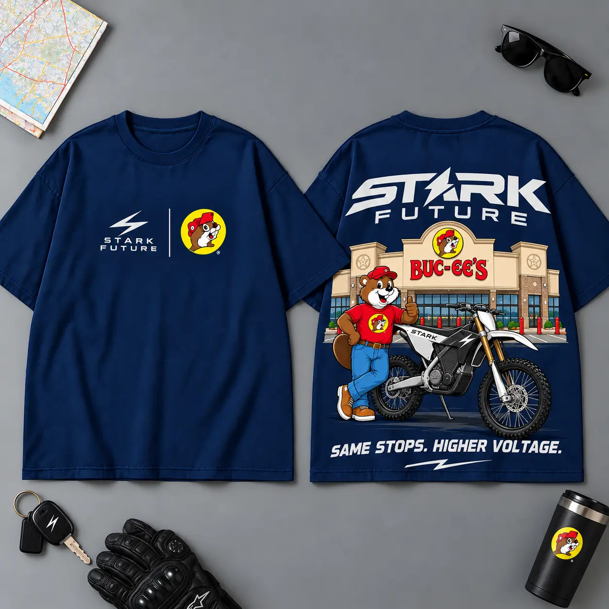 Buc-ee's Stark Future Same Stops Higher Voltage 3D T-Shirt For Motorcycle Adventure Riders NDN Navy