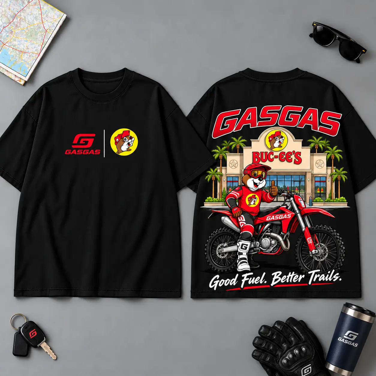 Buc-ee's GasGas Good Fuel Better Trails 3D T-Shirt For Motorcycle Adventure Riders NDN Black