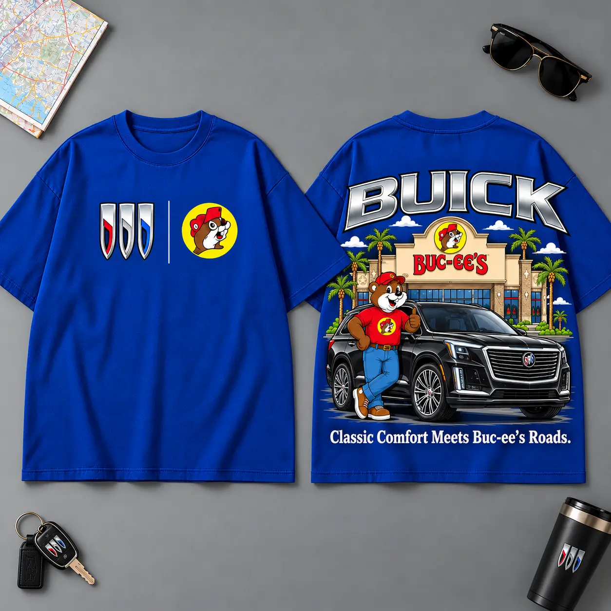 Buc-ee's Buick Wheels Of Style Road Trip 3D T-Shirt For Adventure Drivers NDN Blue