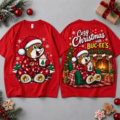 Buc-ee's Cozy Christmas Fireplace Scene All Over Print T-Shirt For Festive Holiday Road Trips NDN Red