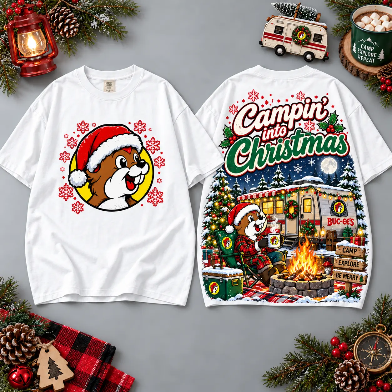 Buc-ee's Campin Christmas Campfire Scene All Over Print T-Shirt For Festive Holiday Road Trips NDN White