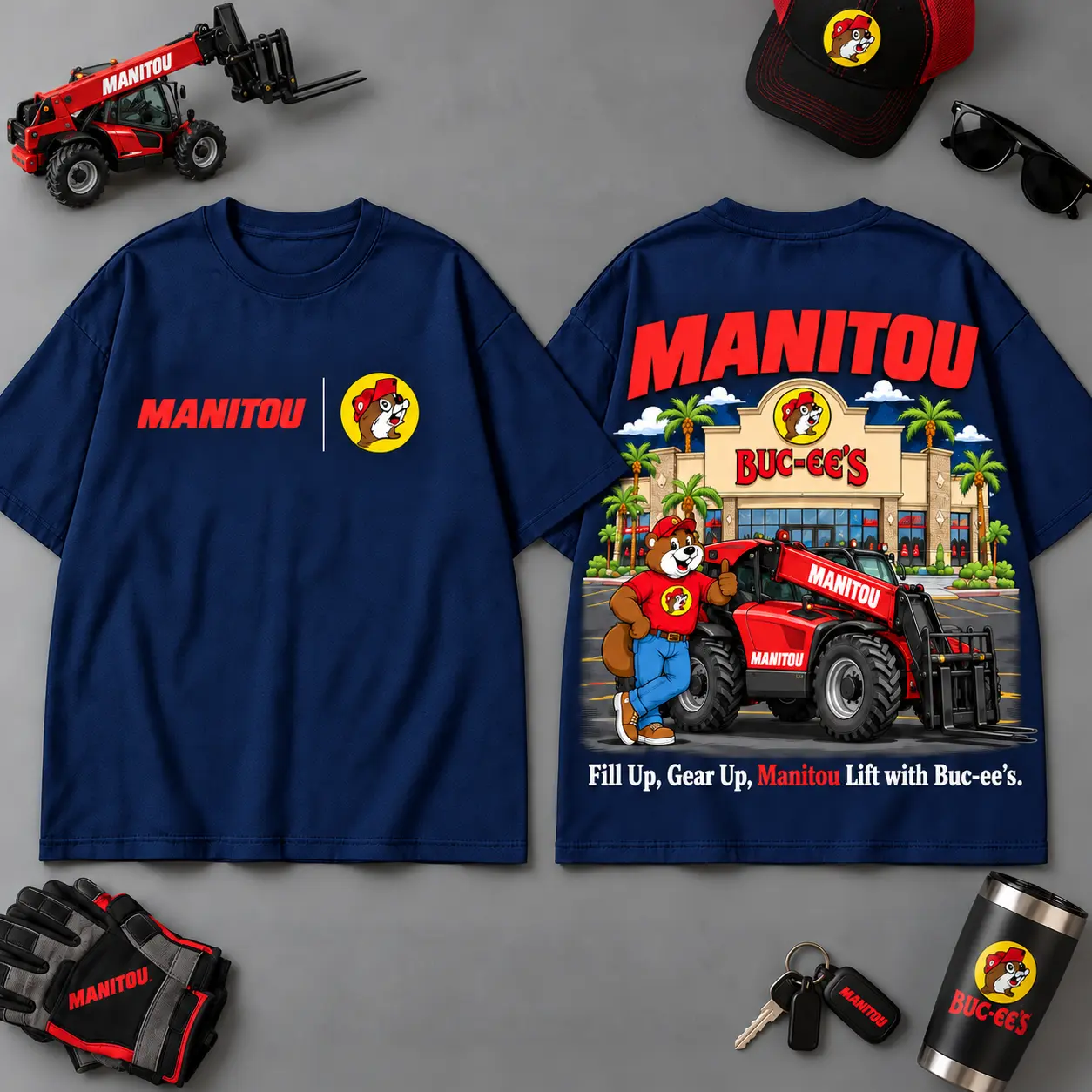 Buc-ee's MANITOU Construction Collage 3D T-Shirt For Heavy Equipment Road Trip Collectors NDN Navy