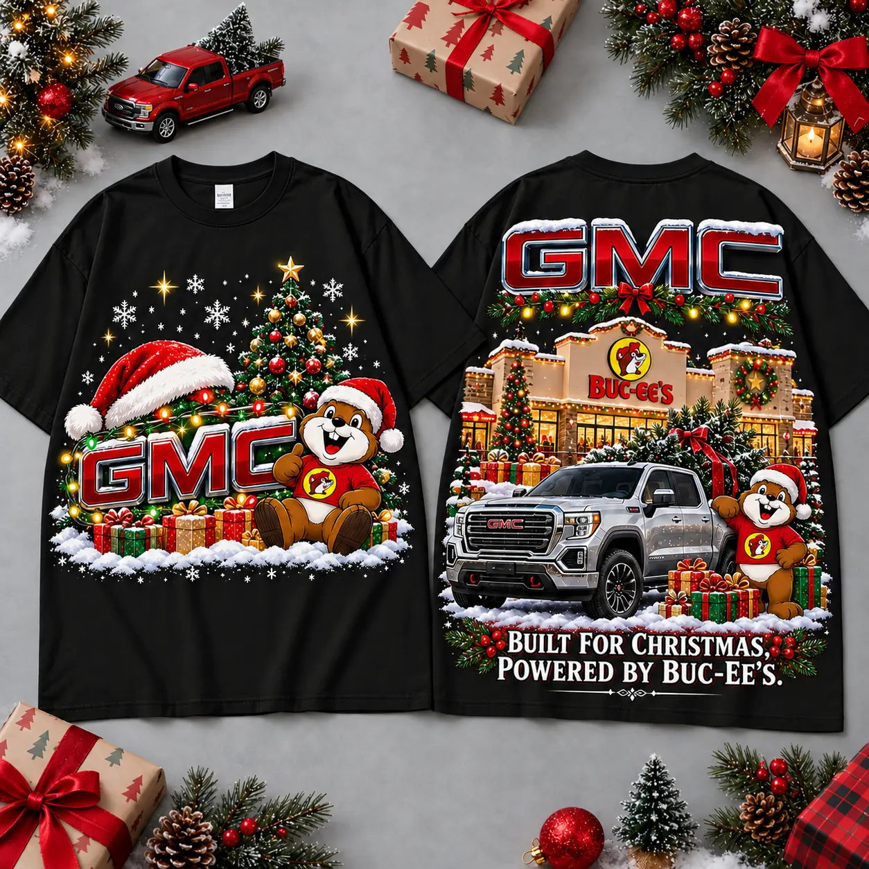 Buc-ee's GMC Christmas Cabin Car Print T-Shirt For Festive Winter Road Trips NDN Black