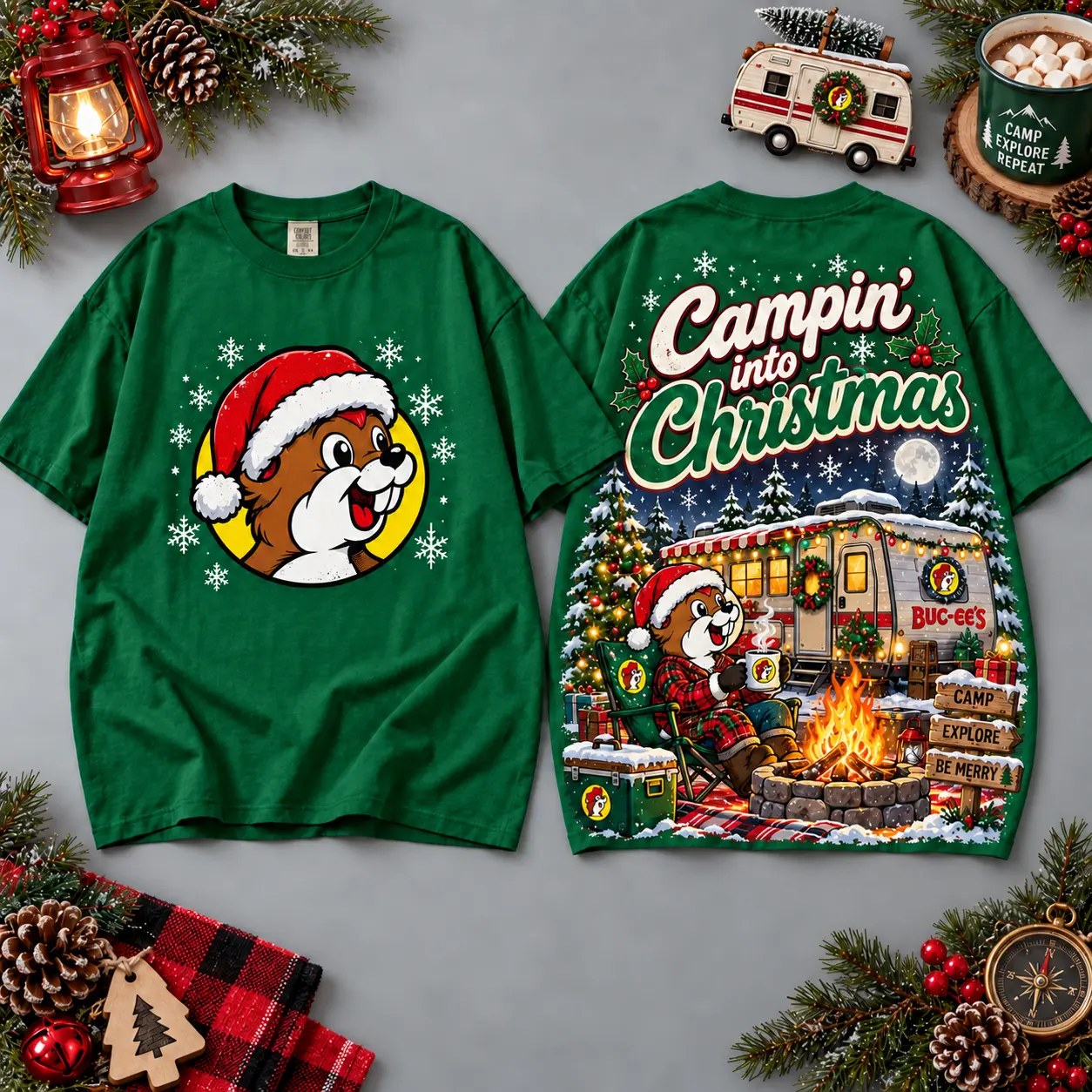 Buc-ee's Campin Christmas Campfire Scene All Over Print T-Shirt For Festive Holiday Road Trips NDN Green