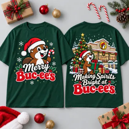 Buc-ee's Christmas Making Spirits Bright T-Shirt With Santa Beaver Tree Gifts And Snowflakes NDN flat