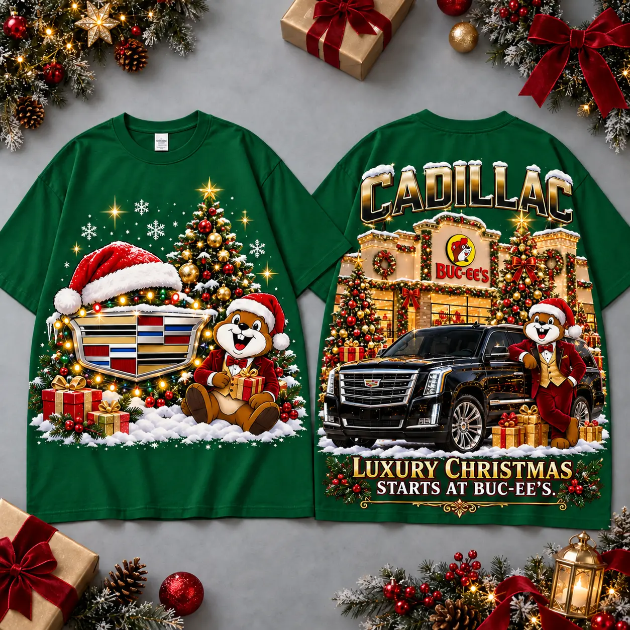 Buc-ee's Cadillac Christmas Cabin Car Print T-Shirt For Festive Winter Road Trips NDN Green