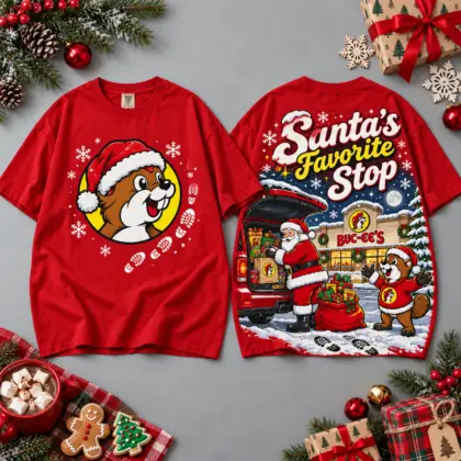 Buc-ee's Santa's Favorite Stop Gas Station Scene All Over Print T-Shirt For Festive Holiday Road Trips NDN Red