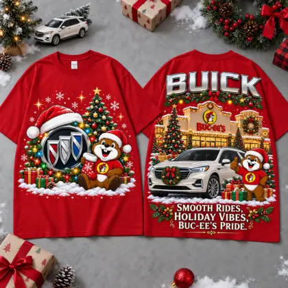 Buc-ee's Buick Christmas Cabin Car Print T-Shirt For Festive Winter Road Trips NDN Red