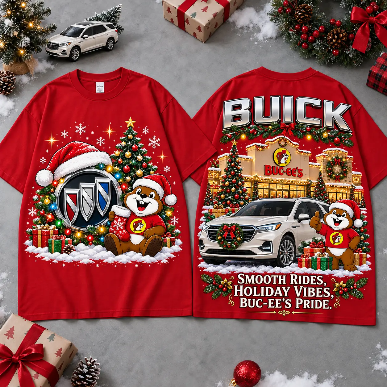 Buc-ee's Buick Christmas Cabin Car Print T-Shirt For Festive Winter Road Trips NDN Red