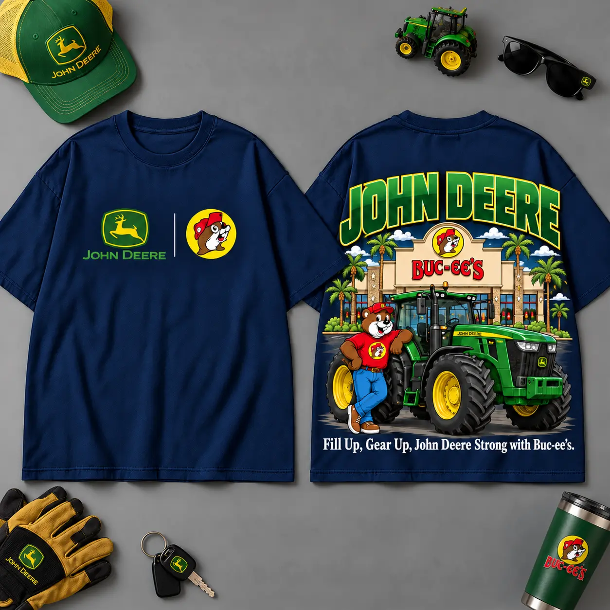 Buc-ee's JOHN DEERE Construction Collage 3D T-Shirt For Heavy Equipment Road Trip Collectors NDN Navy