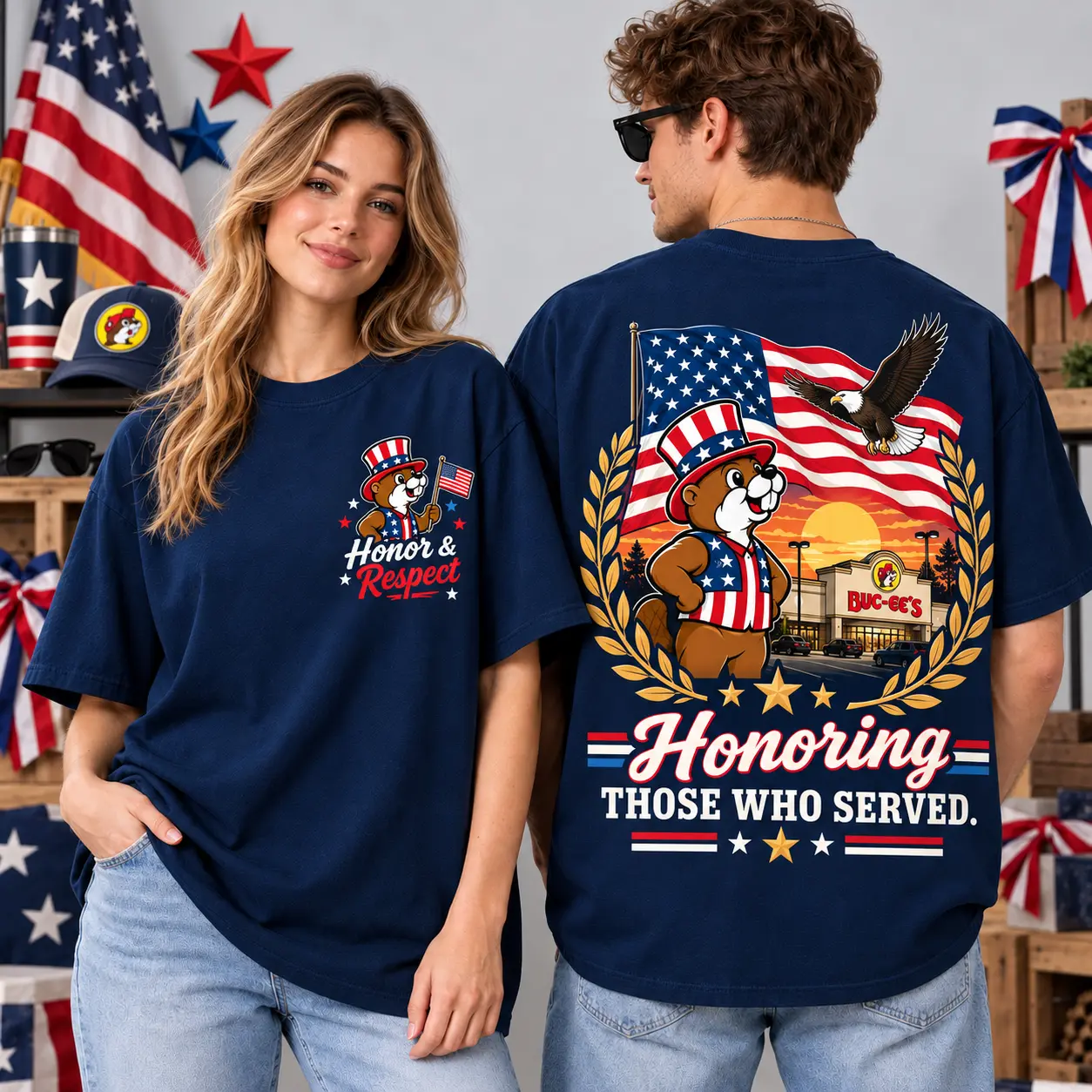 Buc-ee's Veterans Day Honoring Those Who Served T-Shirt With Patriotic American Flag Design NDN worn