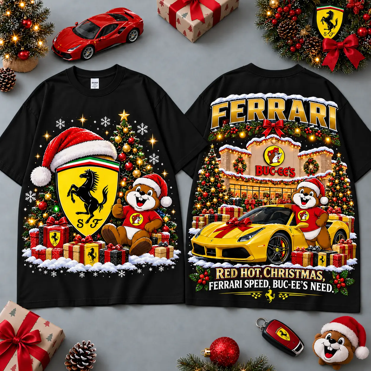 Buc-ee's Ferrari Christmas Cabin Car Print T-Shirt For Festive Winter Road Trips NDN Black