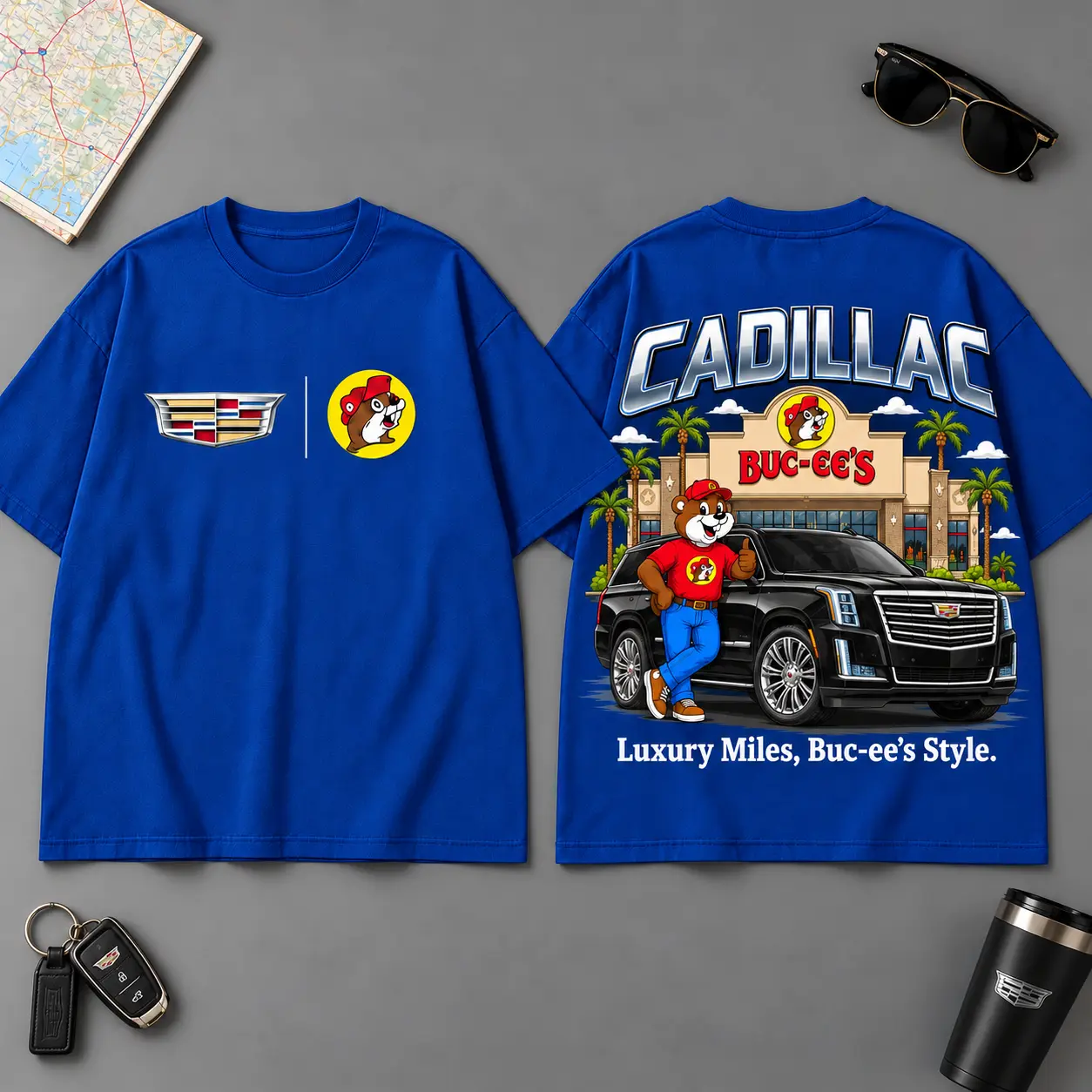 Buc-ee's Cadillac Luxury Mile Road Trip 3D T-Shirt For Classic Car Fans NDN Blue