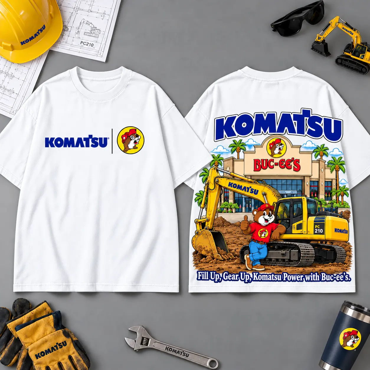 Buc-ee's KOMATSU Construction Collage 3D T-Shirt For Heavy Equipment Road Trip Collectors NDN White