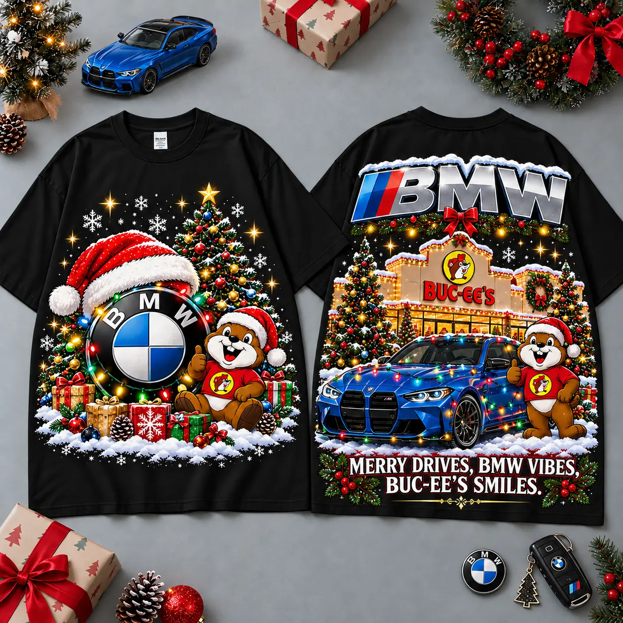 Buc-ee's BMW Christmas Cabin Car Print T-Shirt For Festive Winter Road Trips NDN Black