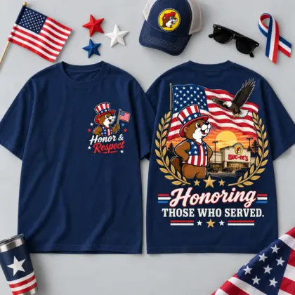 Buc-ee's Veterans Day Honoring Those Who Served T-Shirt With Patriotic American Flag Design NDN flat