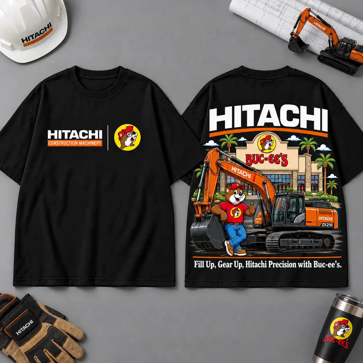 Buc-ee's HITACHI Construction Collage 3D T-Shirt For Heavy Equipment Road Trip Collectors NDN Black