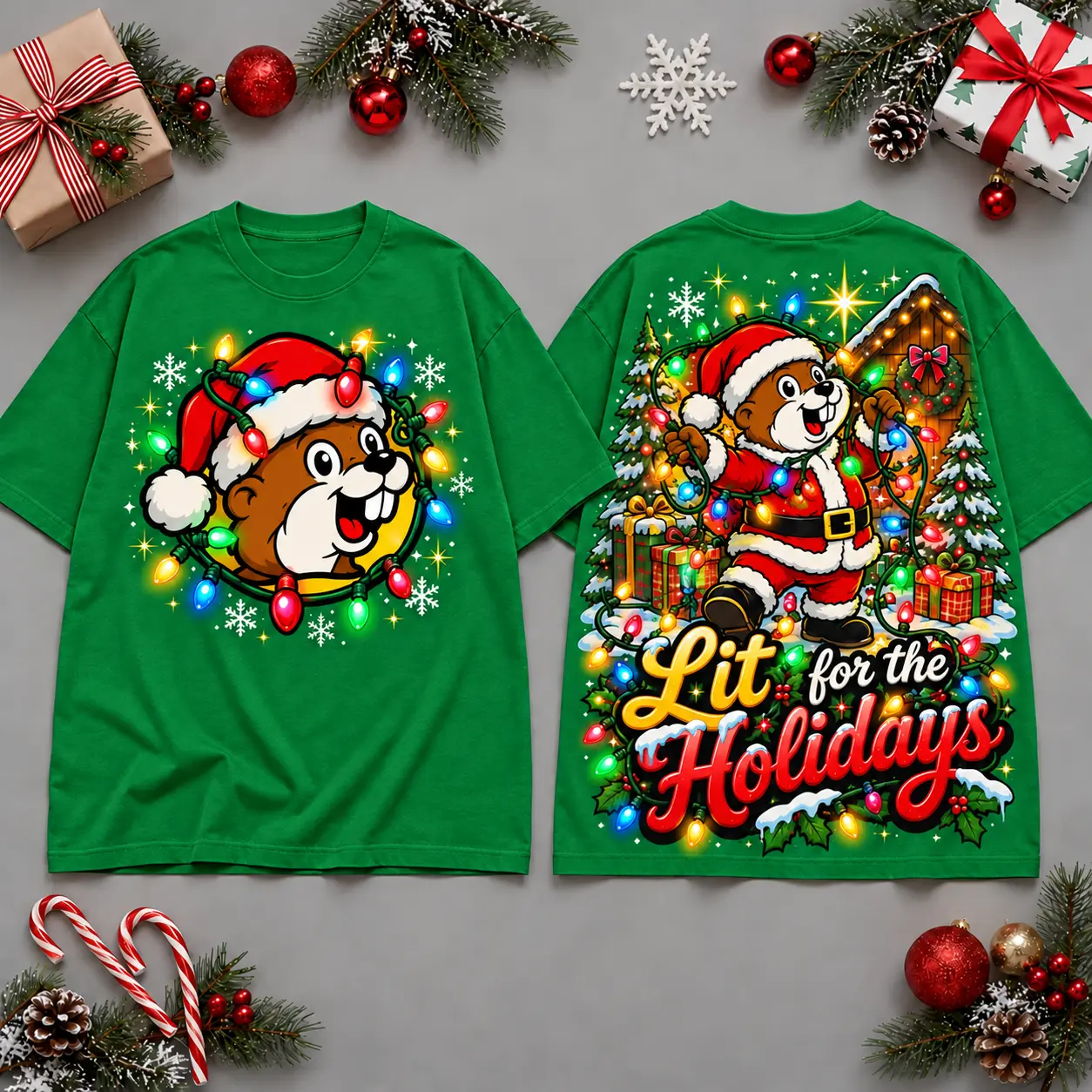 Buc-ee's Lit For The Holidays Christmas Tree Lights All Over Print T-Shirt For Festive Holiday Road Trips NDN Green