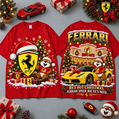 Buc-ee's Ferrari Christmas Cabin Car Print T-Shirt For Festive Winter Road Trips NDN Red