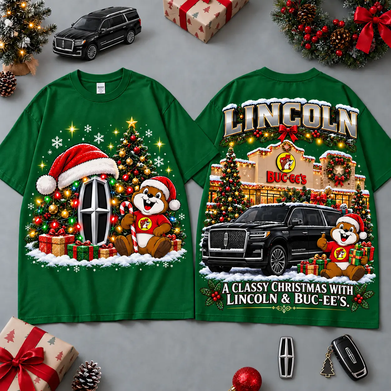 Buc-ee's Lincoln Christmas Cabin Car Print T-Shirt For Festive Winter Road Trips NDN Green