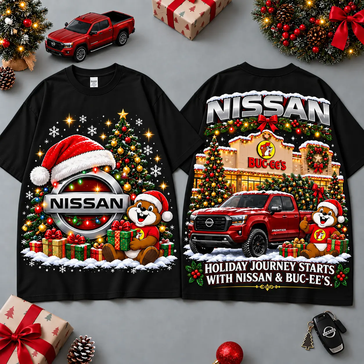 Buc-ee's Nissan Christmas Cabin Car Print T-Shirt For Festive Winter Road Trips NDN Black