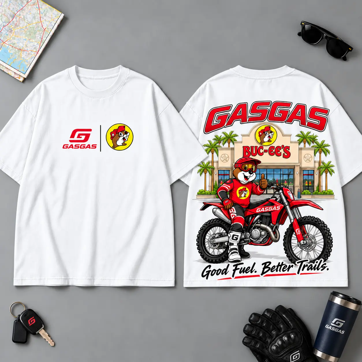Buc-ee's GasGas Good Fuel Better Trails 3D T-Shirt For Motorcycle Adventure Riders NDN White