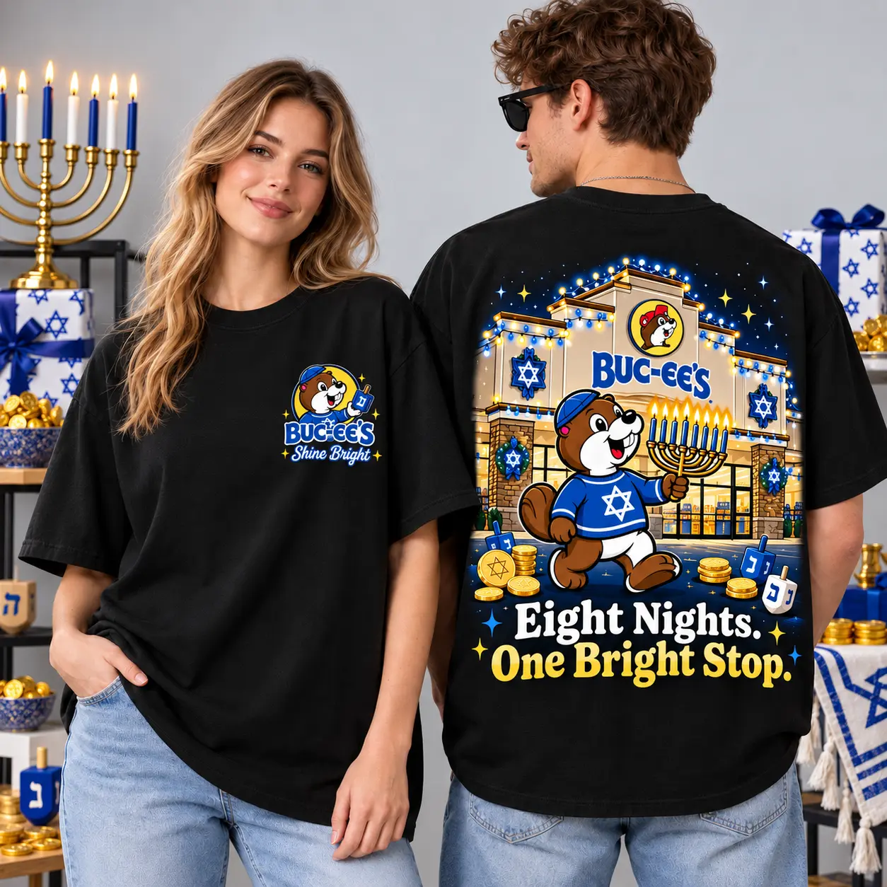 Buc-ee's Hanukkah Dreidel Menorah T-Shirt For Eight Nights At One Bright Holiday Stop NDN worn