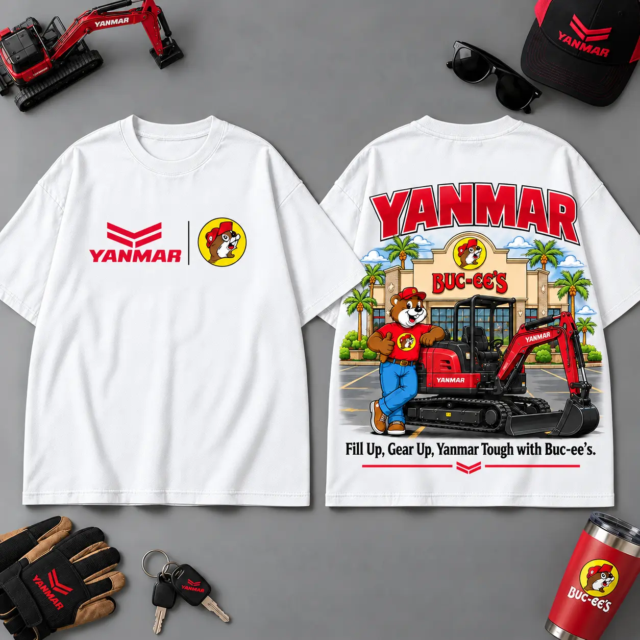 Buc-ee's YANMAR Construction Collage 3D T-Shirt For Heavy Equipment Road Trip Collectors NDN White