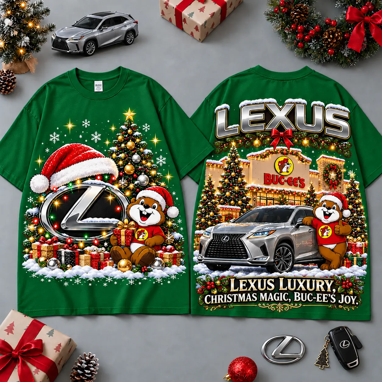 Buc-ee's Lexus Christmas Cabin Car Print T-Shirt For Festive Winter Road Trips NDN Green