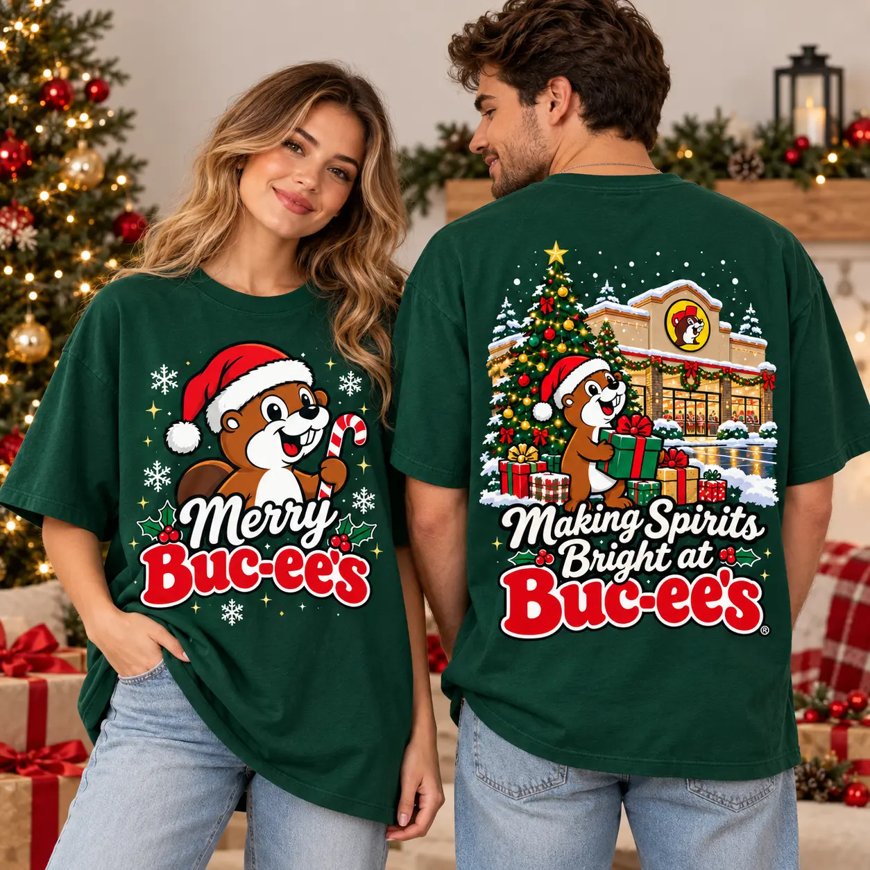 Buc-ee's Christmas Making Spirits Bright T-Shirt With Santa Beaver Tree Gifts And Snowflakes NDN worn