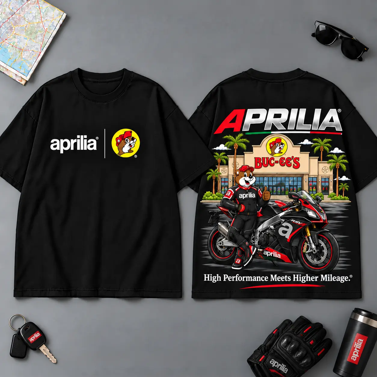 Buc-ee's Aprilia High Performance Meets Higher Mileage 3D T-Shirt For Motorcycle Adventure Riders NDN Black