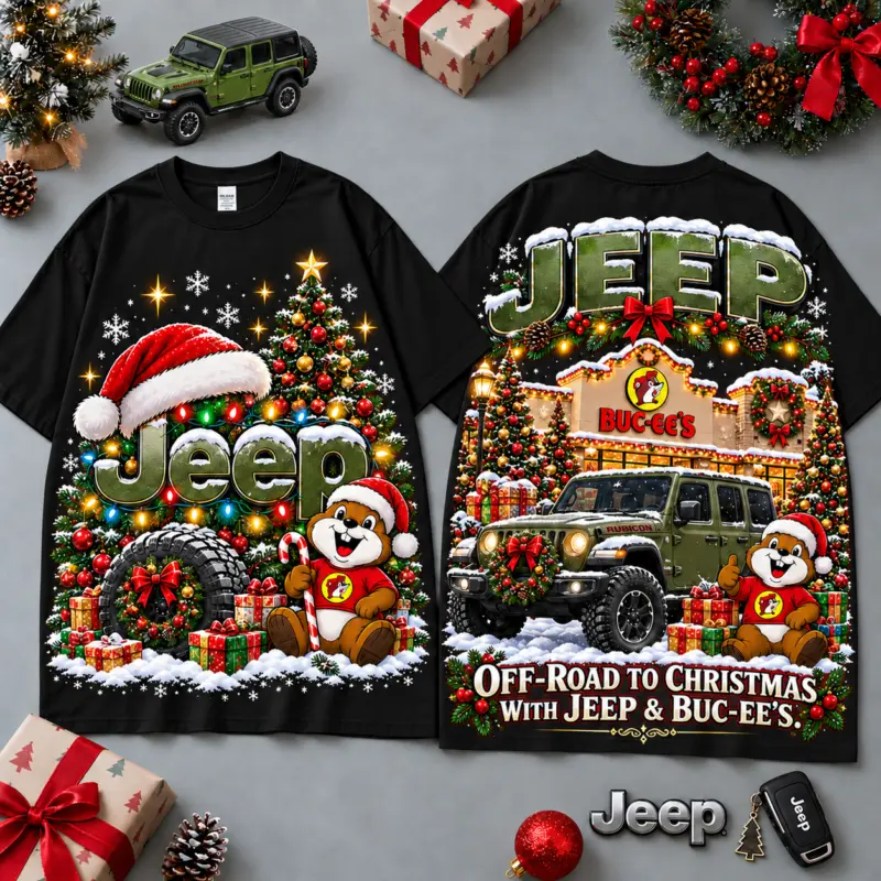 Buc-ee’s Jeep Christmas Cabin Car Print T-Shirt For Festive Winter Road ...