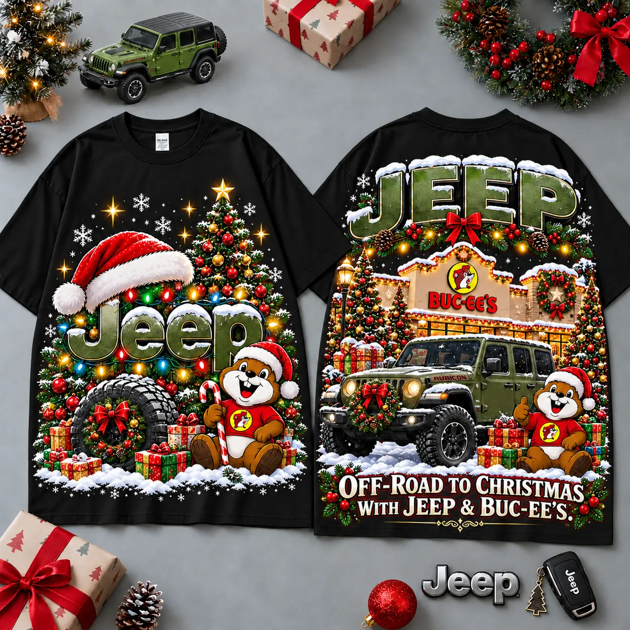 Buc-ee's Jeep Christmas Cabin Car Print T-Shirt For Festive Winter Road Trips NDN Black